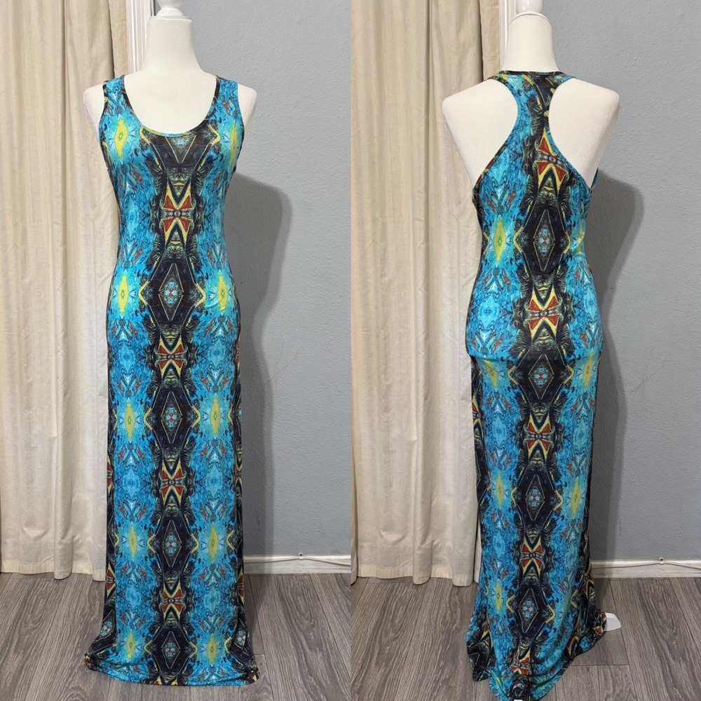 Derek Heart Bohemian Maxi Dress S Turquoise Geometric Kaleidoscope Racerback
